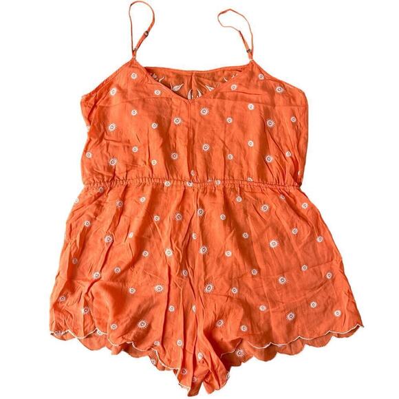 anthropologie coral Orange strappy romper embroidered boho scalloped hem small - Picture 2 of 11